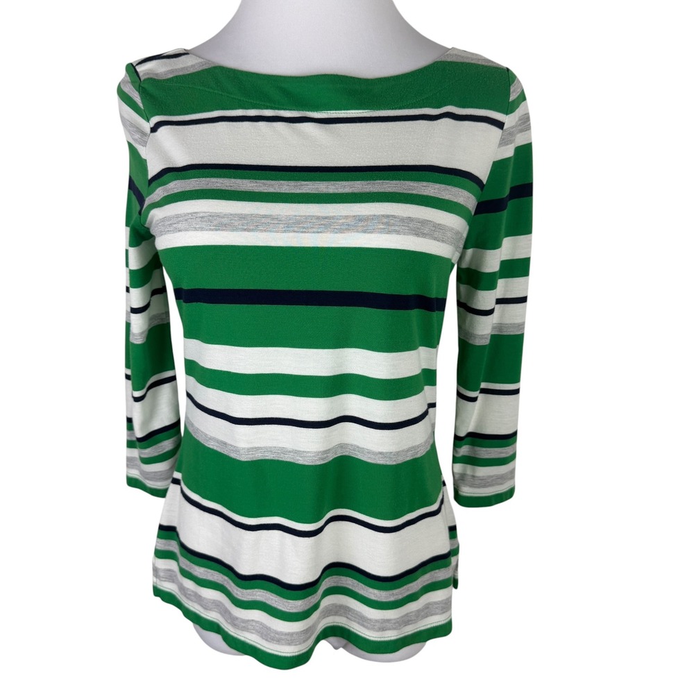 Liz Claiborne Women's Medium Green Striped Boat Neck 3/4 Sleeve Knit Top